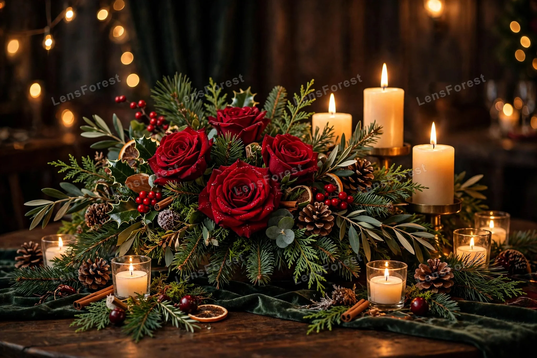 An elegant Christmas table centerpiece with glowing candles, red roses and pine greenery on a festive dining table