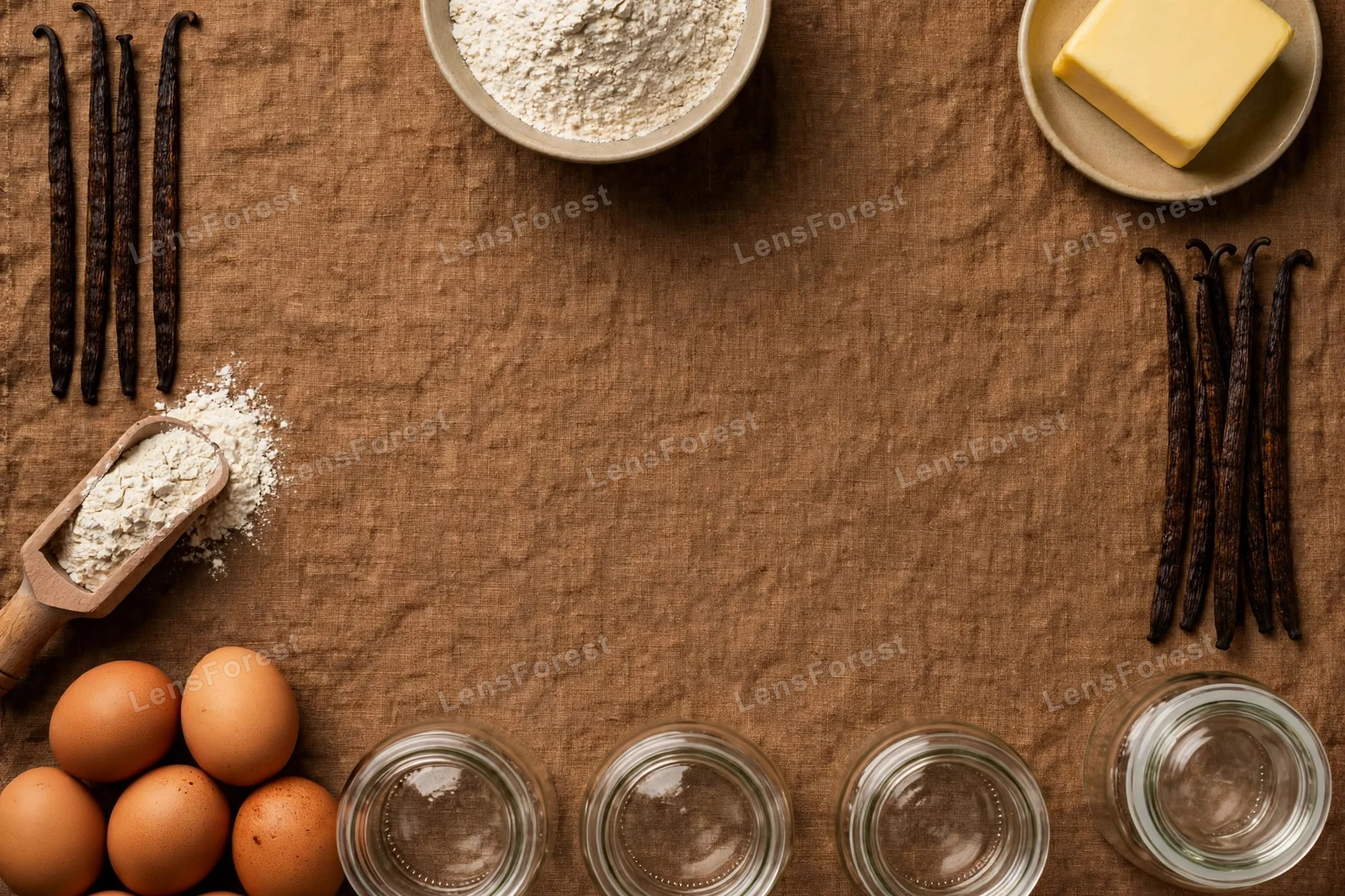 A baking ingredients flat lay with flour, eggs, butter and vanilla on a bright surface, with copy space in the center